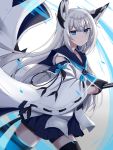  1girl animal_ears azur_lane black_gloves black_legwear blue_eyes budesonide commentary_request detached_sleeves fighting_stance fox_ears gloves highres holding holding_sword holding_weapon katana kawakaze_(azur_lane) long_hair looking_at_viewer pleated_skirt ribbon_trim school_uniform serafuku shade simple_background skirt solo sword thigh-highs weapon white_background white_hair wide_sleeves zettai_ryouiki 