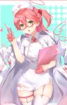  1girl absurdres alternate_costume buttons character_name chestnut_mouth cross_print glasses gloves green_eyes half_gloves hat heart highres hololive jacket jacket_on_shoulders lims_(neko2lims) looking_at_viewer nurse nurse_cap open_mouth pink_gloves pink_hair red-framed_eyewear sakura_miko solo syringe thigh-highs virtual_youtuber wing_print 