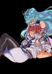  1boy 1girl alfimi axel_almer black_background blue_hair closed_eyes highres hug long_hair looking_at_viewer looking_down matsuda_(nekonyaoupchan) redhead super_robot_wars super_robot_wars_original_generation violet_eyes 