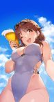  1girl 92m alcohol beer blue_sky breasts brown_eyes brown_hair casual_one-piece_swimsuit clouds commentary_request eyewear_on_head from_below glass highleg highleg_swimsuit highres idolmaster idolmaster_cinderella_girls katagiri_sanae large_breasts long_hair looking_at_viewer low_twintails one-piece_swimsuit open_mouth round_teeth short_twintails sky smile solo sunglasses swimsuit teeth twintails upper_teeth white_swimsuit 