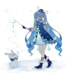  1girl antler_ornament arm_behind_back asagao_minoru beamed_eighth_notes blue_dress blue_footwear blue_headwear boots closed_eyes commentary dress eighth_note frilled_dress frills full_body fur-trimmed_boots fur-trimmed_hood fur_trim hat hatsune_miku high_heels holding holding_stick hood illumination layered_dress light_blue_hair long_hair musical_note musical_note_hair_ornament musical_note_print open_mouth rabbit rabbit_yukine smile snow snowing sparkle stick treble_clef twig twintails very_long_hair vocaloid walking white_background yuki_miku 