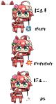  1girl :3 ahoge animal_ears bangs cat_ears chibi closed_mouth detached_ears emoji eyebrows_visible_through_hair flower green_eyes hair_between_eyes hair_flower hair_ornament holding hololive japanese_clothes kanikama kemonomimi_mode kimono multiple_views one_side_up outstretched_arms pink_flower pink_legwear pleated_skirt red_skirt redhead sakura_miko simple_background skirt sleeveless sleeveless_kimono standing thigh-highs translation_request virtual_youtuber white_background white_kimono 