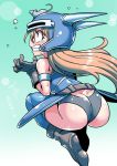  1girl armlet armor ass bare_shoulders blue_armor brown_gloves brown_hair daisy_(dq) dragon_quest dragon_quest_yuusha_abel_densetsu gloves helmet horned_helmet long_hair mouse panties solo thigh-highs tukiwani underwear 