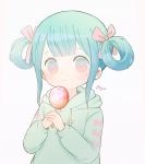  1girl ayu_(mog) blue_eyes blue_hair blush candy closed_mouth food green_hoodie hair_ribbon holding hood hoodie lollipop looking_at_viewer multicolored multicolored_eyes original pink_eyes pink_ribbon ribbon signature simple_background solo upper_body white_background 