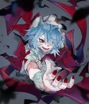 1girl bangs blue_hair bow commentary_request hair_over_one_eye highres ikurauni nail_polish open_mouth outstretched_hand red_eyes red_nails remilia_scarlet ribbon short_hair short_sleeves smile solo teeth touhou 