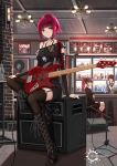  3girls amplifier_(instrument) bass_guitar boots brick_wall garter_straps high_heel_boots high_heels highres indoors instrument jimi_hendrix knee_boots long_sleeves multiple_girls original platform_boots platform_footwear platform_heels red_eyes redhead scenery sitting sitting_on_object the_who thighhighs_under_boots yuzuriha 