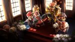  1girl blonde_hair blue_eyes bowser character_request crown dress earrings elbow_gloves flower flute geno_(mario) gloves haren highres instrument jewelry long_hair mario super_mario_bros. pink_dress princess_peach sphere_earrings super_mario_rpg toad white_flower 