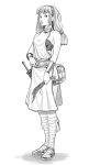  1girl bag bare_shoulders belt beltbra bracer cheshirrr full_body greyscale hairband highres holding long_hair looking_at_viewer low_twintails monochrome original parted_lips robe sandals scabbard sheath sheathed simple_background solo standing sword twintails weapon white_background 