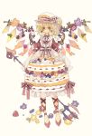  1girl alternate_costume alternate_weapon ankle_lace-up blueberry blush cake_print commentary cross-laced_footwear earrings flandre_scarlet flower food food_themed_clothes food_themed_earrings frills fruit full_body hat highres jewelry laevatein looking_at_viewer nikorashi-ka polearm red_eyes ribbon shaded_face side_ponytail simple_background solo strawberry_earrings symbol_commentary touhou trident weapon white_background wings 