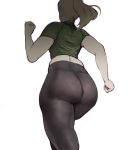  1girl absurdres arm_behind_back ass black_pants blonde_hair cactus64 commentary from_behind green_shirt highres long_hair original pants ponytail shirt simple_background solo thick_thighs thighs track_pants white_background 