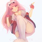  1girl absurdres alternate_costume breasts ciarre earrings fire_emblem fire_emblem:_three_houses gloves hat highres hilda_valentine_goneril holding jewelry large_breasts long_hair nurse nurse_cap parted_lips pink_eyes pink_hair ponytail red_gloves solo thigh-highs twitter_username white_legwear 