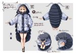  1girl antennae bare_legs blonde_hair brown_eyes commentary_request green_nails grey_background hip_focus hood hood_up hooded_jacket isopod jacket leg_hug looking_at_viewer multiple_views original outstretched_arm plan_(planhaplalan) sandals short_hair simple_background smile toenail_polish translation_request 