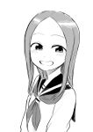  1girl bangs black_sailor_collar blush forehead greyscale highres karakai_jouzu_no_takagi-san looking_at_viewer medium_hair monochrome neckerchief parted_bangs sailor_collar school_uniform serafuku shiromanta shirt smile solo takagi-san white_shirt 