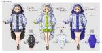  1girl antennae bare_legs blonde_hair brown_eyes commentary_request green_nails grey_background highres hip_focus hood hood_up hooded_jacket isopod jacket leg_hug looking_at_viewer multiple_views original outstretched_arm plan_(planhaplalan) sandals short_hair simple_background smile toenail_polish translation_request variations 