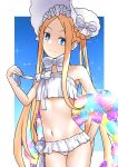  1girl abigail_williams_(fate/grand_order) abigail_williams_(swimsuit_foreigner)_(fate) absurdres bangs bare_shoulders bikini blonde_hair blue_background blue_eyes blush bonnet border bow braid breasts closed_mouth fate/grand_order fate_(series) forehead gradient gradient_background hair_bow hair_rings highres long_hair looking_at_viewer miniskirt navel parted_bangs pottya sidelocks skirt small_breasts smile sparkle swimsuit twin_braids twintails very_long_hair white_bikini white_border white_bow white_headwear 