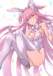  1girl adapted_costume animal_ears bow bowtie breasts bunny_tail bunnysuit commentary_request detached_collar gloves goddess_madoka hair_ribbon highres leotard long_hair looking_at_viewer magia_record:_mahou_shoujo_madoka_magica_gaiden mahou_shoujo_madoka_magica mahou_shoujo_madoka_magica_movie nanakamado pink_hair rabbit_ears ribbon small_breasts smile solo strapless strapless_leotard tail thigh-highs two_side_up white_gloves white_legwear white_leotard white_neckwear yellow_eyes 