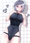  1girl ahoge bangs black_swimsuit breasts closed_mouth commentary_request covered_navel eyebrows_visible_through_hair hair_between_eyes hands_on_own_chest heart highres huge_breasts kawaruhi original shadow short_hair sideboob silver_hair smile solo swimsuit taut_clothes taut_swimsuit violet_eyes 