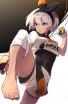  1girl barefoot bodysuit_under_clothes covered_navel dark_skin fingernails grey_hair hairband highres leg_up poke_ball pokemon pokemon_(game) pokemon_swsh saitou_(pokemon) shorts takom ultra_ball 