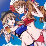  2girls 547th_sy alcohol anchor_hair_ornament beer beer_mug bikini blonde_hair blue_bikini blue_sky breasts brown_eyes brown_hair clouds commentary_request cowboy_shot cup drinking_glass dutch_angle grey_headwear hair_ornament hat headdress highres kantai_collection littorio_(kantai_collection) long_hair looking_at_viewer low_twintails medium_breasts mug multiple_girls one_eye_closed peaked_cap ponytail prinz_eugen_(kantai_collection) red_bikini sky swimsuit twintails wavy_hair white_headwear wine wine_glass 