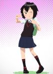  1girl backpack bag black_hair black_legwear blush brown_eyes closed_mouth highres looking_at_viewer necktie one_eye_closed peni_parker pleated_skirt school_uniform short_hair short_sleeves skirt smile socks solo spider-man:_into_the_spider-verse spider-man_(series) sweater_vest ueyama_michirou v 