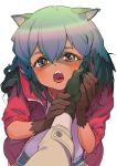  1girl 1other animal_ears bangs blue_hair blush brand_new_animal brown_gloves commentary_request fangs from_below furry gloves hand_in_hair hand_on_another&#039;s_cheek hand_on_another&#039;s_face hands_up highres jacket kagemori_michiru kyma_curry long_hair long_sleeves looking_at_viewer multicolored_hair open_clothes open_jacket open_mouth raccoon_ears raccoon_girl raccoon_tail red_jacket shirt short_hair shorts simple_background solo_focus tail tongue tongue_out upper_body white_background white_shirt 