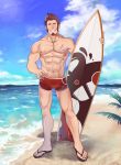  1boy abs absurdres alternate_costume bara beard blue_eyes brown_hair chest clouds cloudy_sky day facial_hair fate/grand_order fate_(series) full_body hand_on_hip highres icelernd looking_at_viewer male_focus male_swimwear muscle napoleon_bonaparte_(fate/grand_order) nipple_slip nipples ocean pectorals sandals scar shirtless shorts sky smile solo surfboard swim_briefs swimsuit swimwear 