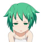  1girl antennae bare_shoulders cato_(monocatienus) collarbone commentary_request eyebrows_visible_through_hair green_eyes green_hair looking_at_viewer mouth_drool portrait short_hair simple_background sleepy solo touhou white_background wriggle_nightbug 