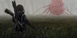  1girl absurdres black_jacket brown_hair creature eldritch_abomination fog from_behind grass gun highres holding holding_gun holding_weapon hood hood_down jacket long_sleeves original outdoors scenery tree weapon yomanika0021 