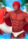  1boy abs absurdres ashwatthama_(fate/grand_order) bangs bara bulge chest dark_skin dark_skinned_male fate/grand_order fate_(series) highres holding holding_innertube huge_filesize innertube male_focus male_swimwear miqi_(nnaf3344) muscle nipples pectorals redhead shirtless simple_background solo swim_briefs swimsuit swimwear yellow_eyes 