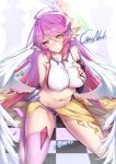  1girl angel_wings artist_name breasts chess_piece closed_mouth commentary_request crop_top feathered_wings gainoob gradient_hair halo highres jibril_(no_game_no_life) king_(chess) large_breasts long_hair looking_at_viewer low_wings magic_circle midriff multicolored_hair navel no_game_no_life pink_hair shoes sideboob single_shoe single_thighhigh sitting smile solo stomach tattoo thigh-highs very_long_hair white_wings wing_ears wings yellow_eyes 