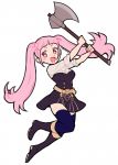  1girl artist_name axe belt blue_legwear boots do_m_kaeru fire_emblem fire_emblem:_three_houses full_body garreg_mach_monastery_uniform hilda_valentine_goneril holding holding_axe long_hair open_mouth pink_eyes pink_hair simple_background solo thigh-highs twintails uniform white_background 