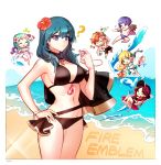  2boys 4girls ? beach bikini black_bikini blonde_hair blue_eyes blue_hair breasts brown_hair byleth_(fire_emblem) byleth_eisner_(female) chibi closed_eyes closed_mouth copyright_name dorothea_arnault fire_emblem fire_emblem:_three_houses fire_emblem_heroes fish flower green_eyes green_hair hair_flower hair_ornament hat hat_flower highres ingrid_brandl_galatea long_hair lorenz_hellman_gloucester male_swimwear multiple_boys multiple_girls one_eye_closed open_mouth outdoors polearm purple_hair redhead rhea_(fire_emblem) short_hair silvercandy_gum sitting swim_briefs swim_trunks swimsuit swimwear sylvain_jose_gautier violet_eyes water weapon whistle 