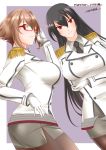  2girls artist_name black_hair black_neckwear brown_hair brown_legwear collared_shirt commentary_request cosplay crossed_arms dated double-breasted epaulettes glasses gloves grey_skirt highres jacket kantai_collection katori_(kantai_collection) katori_(kantai_collection)_(cosplay) kiriki_haruomi long_hair looking_at_viewer military military_uniform multiple_girls mutsu_(kantai_collection) nagato_(kantai_collection) necktie pantyhose pencil_skirt red-framed_eyewear red_eyes riding_crop shirt short_hair signature skirt uniform white_gloves 