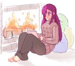  1girl barefoot black_pants book burn_scar casual commentary cup english_commentary fire fireplace full_body hair_over_one_eye ikezawa_hanako katawa_shoujo long_hair long_sleeves mug pants pillow purple_hair reading reclining ribbed_sweater rtil scar sitting smile solo sweater turtleneck turtleneck_sweater violet_eyes 