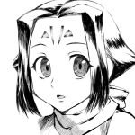  1girl facial_mark fiona_(zoids) greyscale hair_ribbon looking_at_viewer monochrome open_mouth ribbon short_hair simple_background solo ueyama_michirou white_background zoids zoids_chaotic_century 