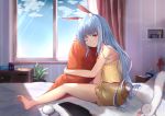  1girl ;) animal_ear_fluff animal_ears bangs bare_arms bare_shoulders barefoot blue_hair blush bunny_girl bunny_tail camisole can closed_mouth commentary curtains day desk_lamp don-chan_(hololive) eyebrows_visible_through_hair highres hololive indoors lamp long_hair object_hug one_eye_closed open_window plant potted_plant rabbit_ears red_eyes short_eyebrows short_shorts shorts sitting smile stuffed_carrot taikoi7 tail thick_eyebrows usada_pekora very_long_hair virtual_youtuber window yellow_camisole yellow_shorts 