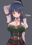  1girl arm_behind_head arm_up belt blue_hair breasts brooch chloe_ironside ciconia_no_naku_koro_ni english_text frown grey_background highres jewelry large_breasts long28 long_hair looking_at_viewer ponytail simple_background sweat yellow_eyes 