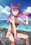  1girl ;d ahoge backless_swimsuit bangs bare_legs barefoot between_legs black_swimsuit blue_sky bottle bracelet casual_one-piece_swimsuit closed_eyes clouds day double_bun english_commentary eyebrows_visible_through_hair feet_out_of_frame floating_hair girls_frontline gloves grin hand_between_legs highres holding holding_bottle horizon jewelry juice kac-pdw_(girls_frontline) light_rays long_hair looking_away looking_back medium_hair ocean one-piece_swimsuit one_eye_closed open_mouth outdoors purple_gloves purple_hair see-through_silhouette single_glove sitting sky smile solo splashing sunbeam sunlight swimsuit teeth thigh_strap violet_eyes water wind zzzearly 