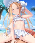  1boy 1girl abigail_williams_(fate/grand_order) abigail_williams_(swimsuit_foreigner)_(fate) bangs bare_shoulders bikini blonde_hair blue_eyes blush bonnet bow braid breasts closed_mouth fate/grand_order fate_(series) forehead girl_on_top hair_bow hair_rings long_hair looking_at_viewer miniskirt navel parted_bangs renetan sidelocks sitting sitting_on_person skirt small_breasts smile spread_legs straddling swimsuit twin_braids twintails very_long_hair white_bikini white_bow white_headwear 