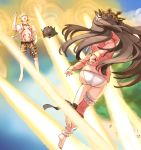  1boy 1girl abs anger_vein angry barefoot bikini bikini_bottom blonde_hair brown_hair character_request clouds commentary_request day energy fate/grand_order fate_(series) floating_hair flying flying_sweatdrops gilgamesh holding ishtar_(fate)_(all) ishtar_(swimsuit_rider)_(fate) long_hair long_sleeves open_clothes open_shirt outdoors sand shirt shore shorts silhouette siya_ho sky soles swimsuit tattoo toes white_bikini 