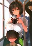  1girl 2boys absurdres bangs blue_eyes blurry blurry_background book bow breast_rest breasts breasts_on_head brown_hair bus_interior closed_mouth day eyebrows_visible_through_hair faceless faceless_male highres holding holding_book large_breasts long_sleeves looking_at_viewer multiple_boys original red_bow scan shiny shiny_hair shirt short_hair short_sleeves skirt sune_(mugendai) upper_body window 