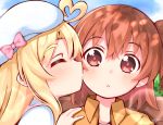  2girls :o ahoge bangs blonde_hair blush bow brown_hair casual cheek_kiss child closed_eyes collared_shirt eyebrows_visible_through_hair hand_on_another&#039;s_shoulder hat hat_bow heart_ahoge himesaka_noa hoshino_hinata kiss long_hair medium_hair multiple_girls orange_shirt pink_bow portrait red_eyes shirt side_ponytail signature thick_eyebrows usagi_koushaku watashi_ni_tenshi_ga_maiorita! white_headwear white_shirt yuri 