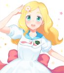  1girl aqua_eyes arm_up back_bow barrette blonde_hair blue_sailor_collar blush bow commentary_request dress flower hair_flower hair_ornament hairclip harohapi!_shinonome_megu-chan_no_oheya long_hair looking_at_viewer mito_tsubaki outstretched_arm pink_flower puffy_short_sleeves puffy_sleeves red_bow sailor_collar sailor_dress shinonome_megu short_sleeves solo star_(symbol) starry_background upper_body virtual_youtuber white_dress 