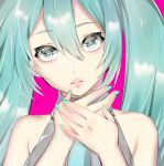  1girl aqua_hair aqua_nails armpit_crease arms_at_sides bare_shoulders blue_neckwear close-up collarbone collared_shirt eyelashes eyes_visible_through_hair face fingernails grey_eyes grey_shirt hair_between_eyes hands_together hands_up hatsune_miku head_tilt ikura_(user_uuyj7743) lips long_hair looking_at_viewer multicolored multicolored_eyes necktie own_hands_together parted_lips pink_background red_eyes shaded_face shiny shiny_hair shirt sidelocks simple_background sleeveless sleeveless_shirt solo tareme twintails upper_body vocaloid yellow_eyes 