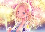 1girl aerial_fireworks bangs blonde_hair blurry blurry_background blush commentary_request depth_of_field earrings fireworks floral_print flower forehead glint grey_hair grin hair_flower hair_ornament hand_up japanese_clothes jewelry kimono long_hair looking_at_viewer looking_to_the_side nail_polish nemuri_nemu night original outdoors parted_bangs pink_flower print_kimono smile solo upper_body white_kimono yellow_nails yukata 
