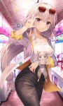  1girl absurdres arcade black_pants breasts cat collarbone cowboy_shot emilia_(re:zero) eyewear_on_head grey_jacket hand_up highres huge_filesize indoors jacket long_hair looking_at_viewer medium_breasts nail_polish open_clothes open_jacket pants puck_(re:zero) purple_nails re:zero_kara_hajimeru_isekai_seikatsu shaffelli shirt shirt_tucked_in silver_hair smile standing sunglasses very_long_hair violet_eyes w white_shirt 