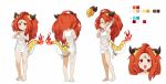  &gt;:) 1girl absurdres ahoge arm_up bangs bare_arms bare_legs bare_shoulders barefoot big_hair breasts chain character_sheet color_guide commentary_request covered_navel dragon_horns dragon_tail dress fire full_body hand_in_hair hand_up hands_up highres horns long_hair looking_at_viewer medium_breasts mg_(ming12140) multiple_views open_mouth original parted_bangs pointy_ears red_eyes redhead scales see-through_dress simple_background sleeveless sleeveless_dress smile standing tail upper_teeth white_dress yong_(ming12140) 
