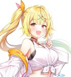  1girl :d bare_shoulders blonde_hair breasts close-up crop_top floating_hair front-tie_top hair_intakes hair_ornament hair_ribbon halterneck hand_up heterochromia highres hoshikawa_sara jacket large_breasts long_hair looking_at_viewer midriff nijisanji off_shoulder open_clothes open_jacket open_mouth orange_eyes red_eyes ribbon shirt side_ponytail sleeveless sleeveless_shirt smile solo toma_(norishio) undershirt upper_body v virtual_youtuber white_jacket white_shirt x_hair_ornament 
