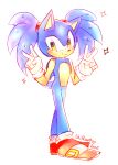  1boy alternate_hairstyle animal_ears artist_name blue_hair blush closed_mouth commentary double_v english_commentary furry gloves green_eyes hair_tie hands_up happy heart long_hair looking_at_viewer male_focus red_footwear shiny shiny_hair shoes signature simple_background sketch smile solo sonic sonic_the_hedgehog spacecolonie sparkle tail tied_hair twintails v white_background white_gloves 