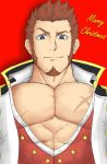  1boy abs bara blue_eyes brown_hair chest facial_hair fate/grand_order fate_(series) from_behind i-zoku jacket looking_at_viewer male_focus muscle napoleon_bonaparte_(fate/grand_order) open_clothes open_jacket open_shirt pectorals scar simple_background smile solo 